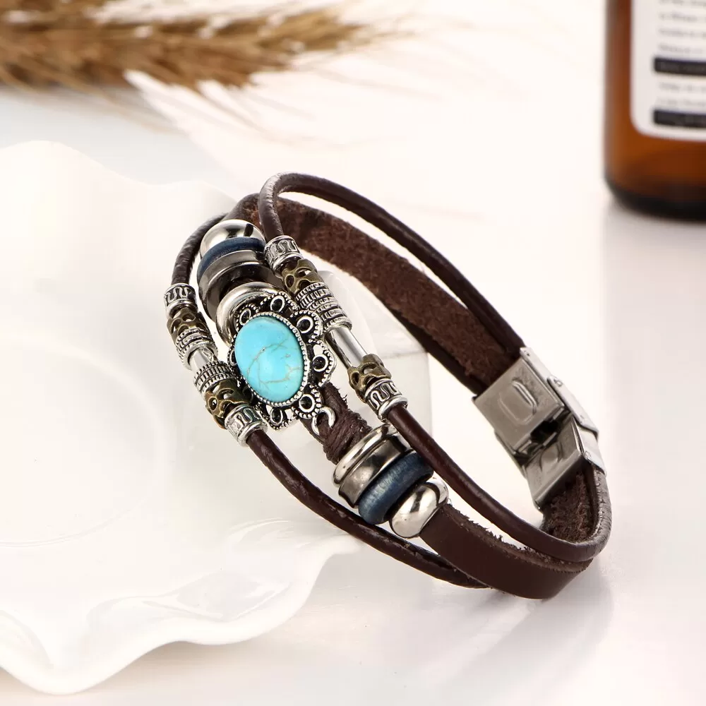 Unisex Leather Charm with turquoise Flower Stone Bracelet