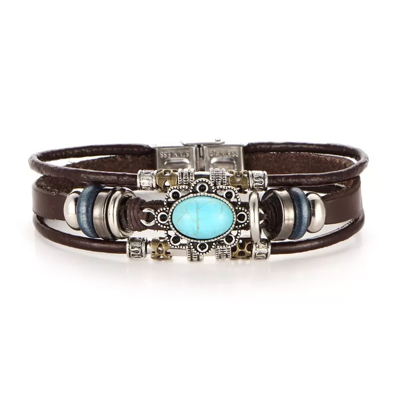 Unisex Leather Charm with turquoise Flower Stone Bracelet