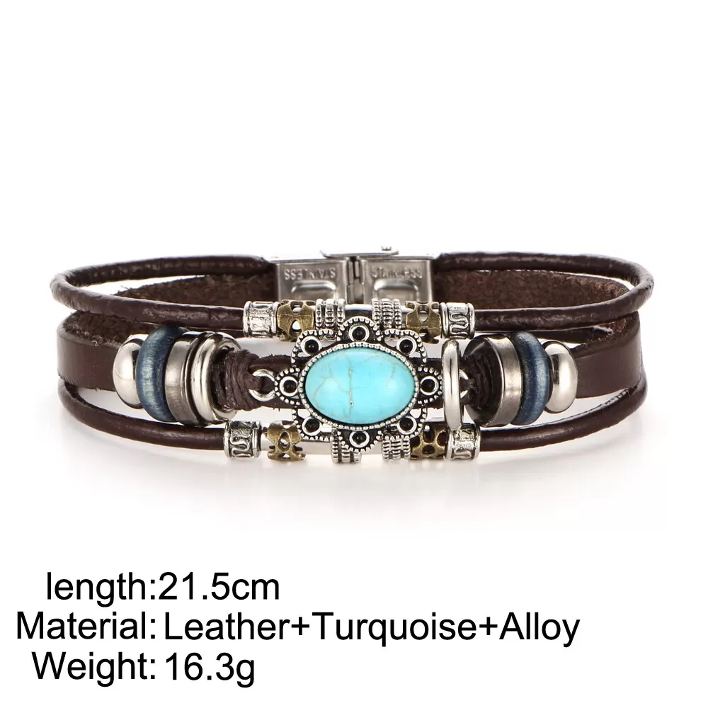 Unisex Leather Charm with turquoise Flower Stone Bracelet