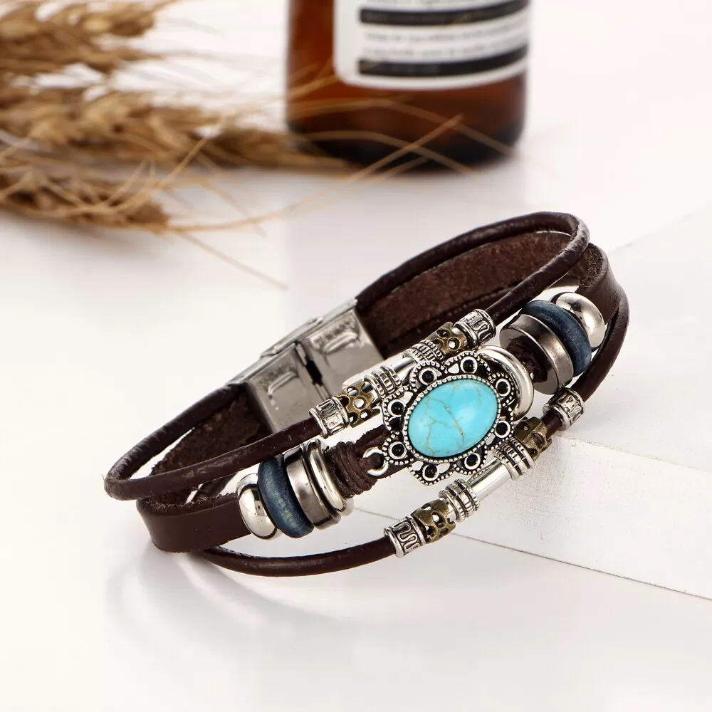 Unisex Leather Charm with turquoise Flower Stone Bracelet