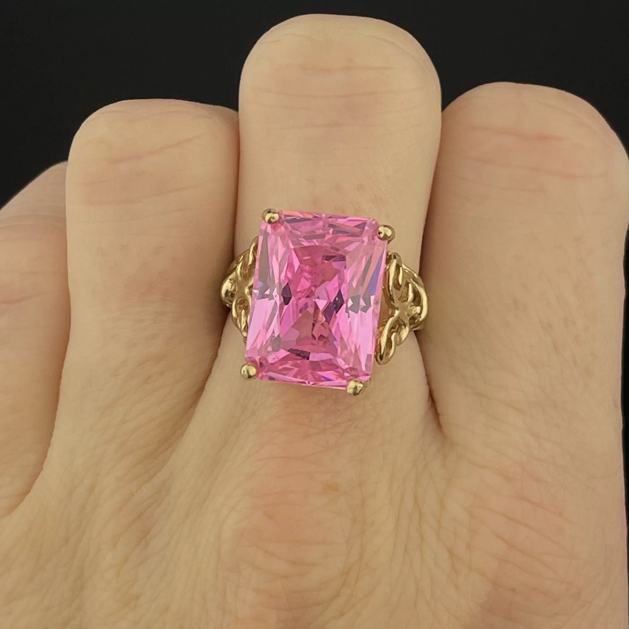 Vintage 10K Gold Simulated Pink Sapphire Step Cut Ring, Sz 7.5