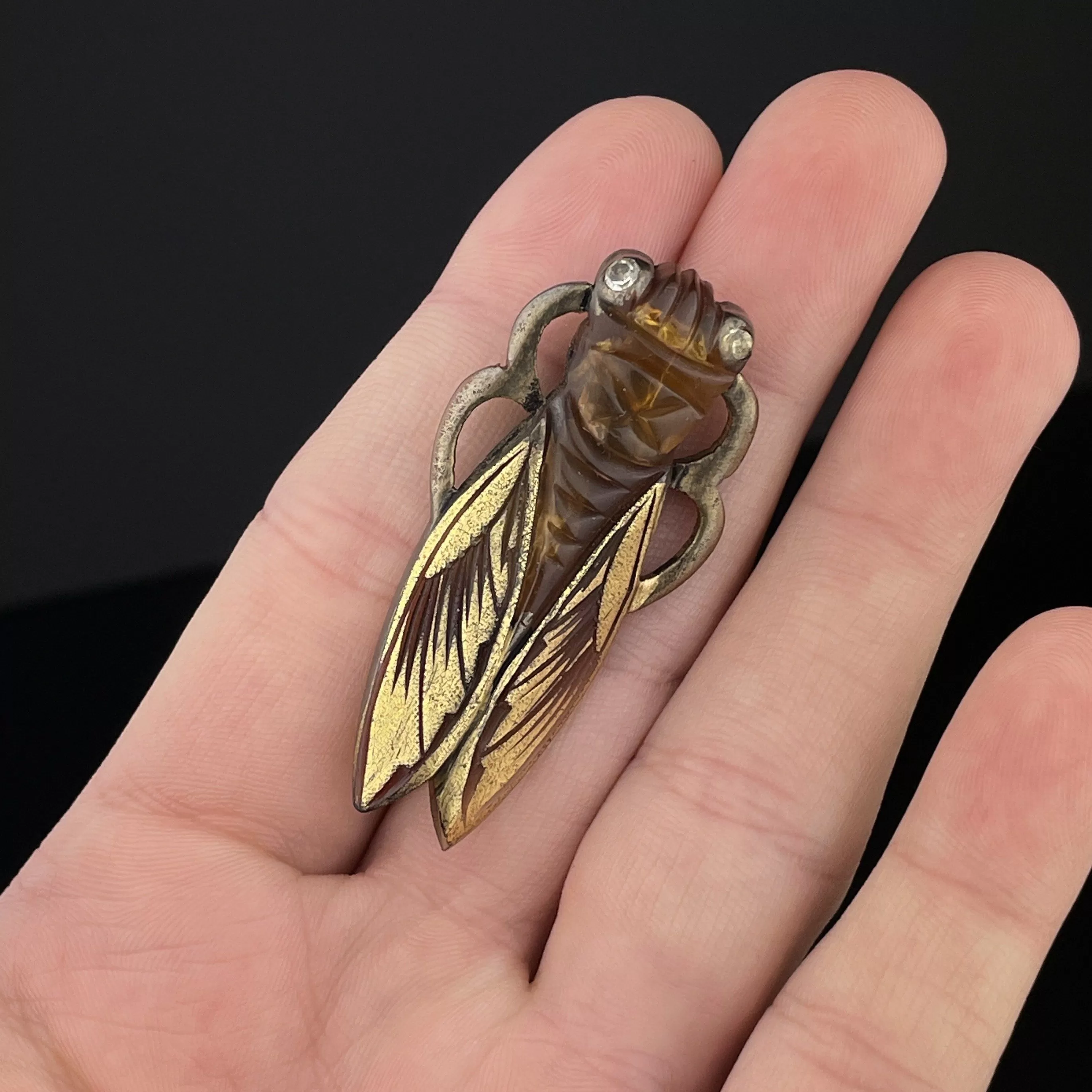 Vintage Art Deco Carved Horn Cicada Bug Brooch