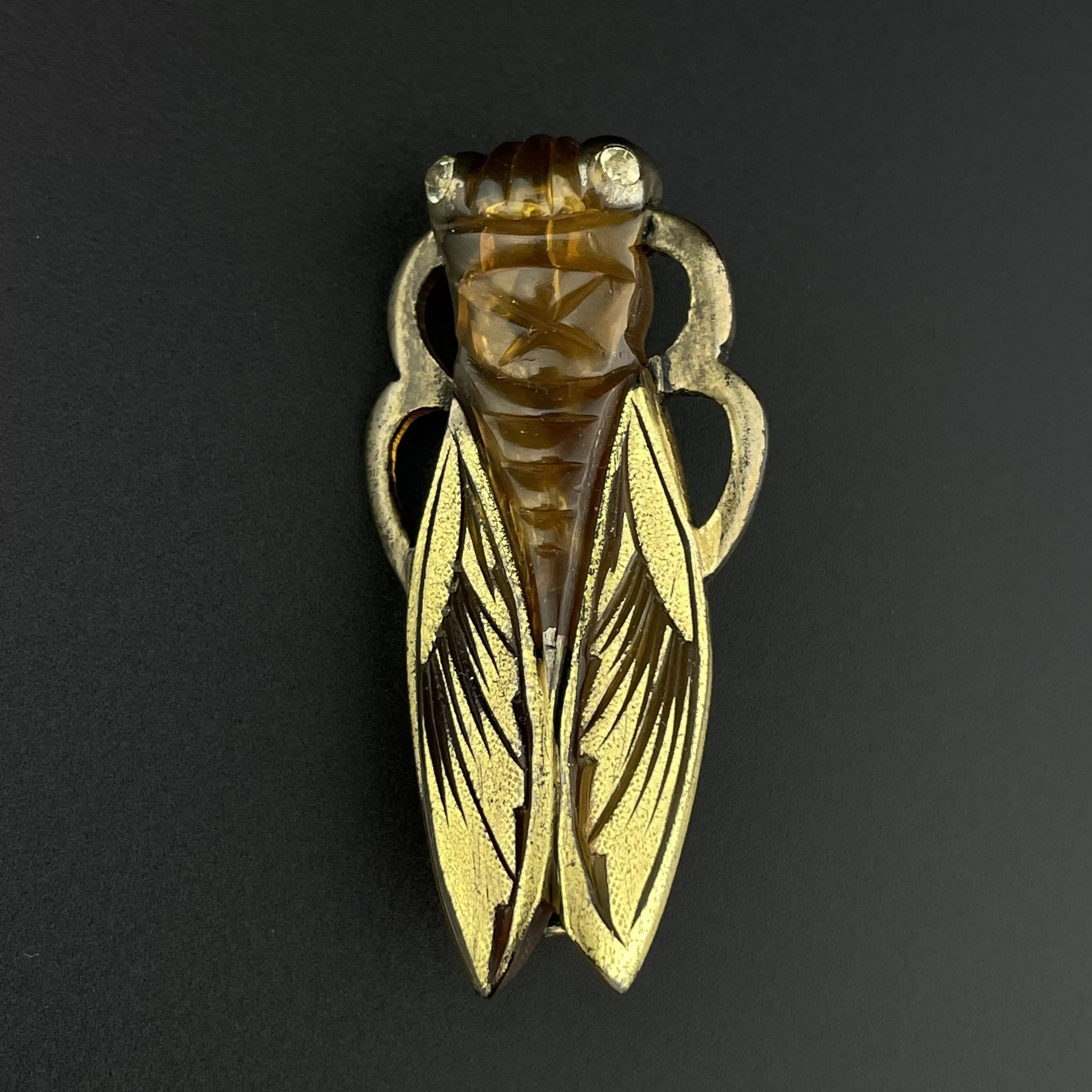 Vintage Art Deco Carved Horn Cicada Bug Brooch