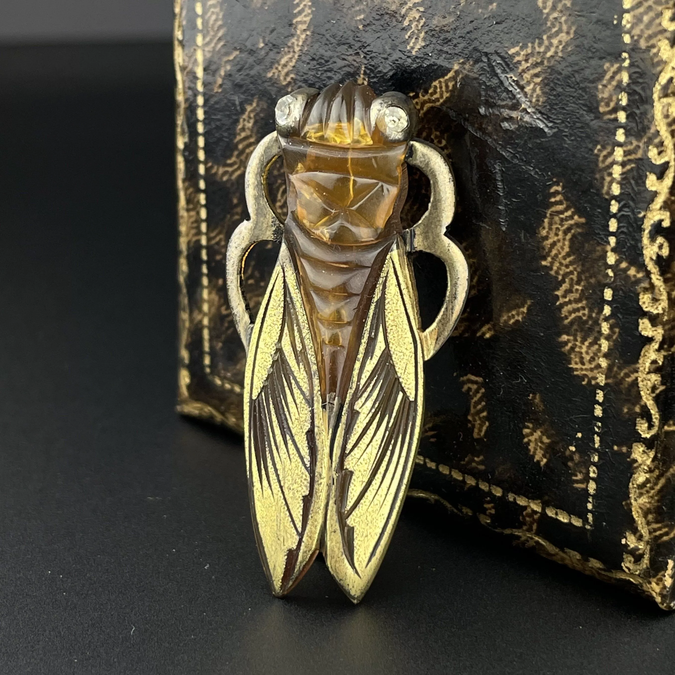 Vintage Art Deco Carved Horn Cicada Bug Brooch