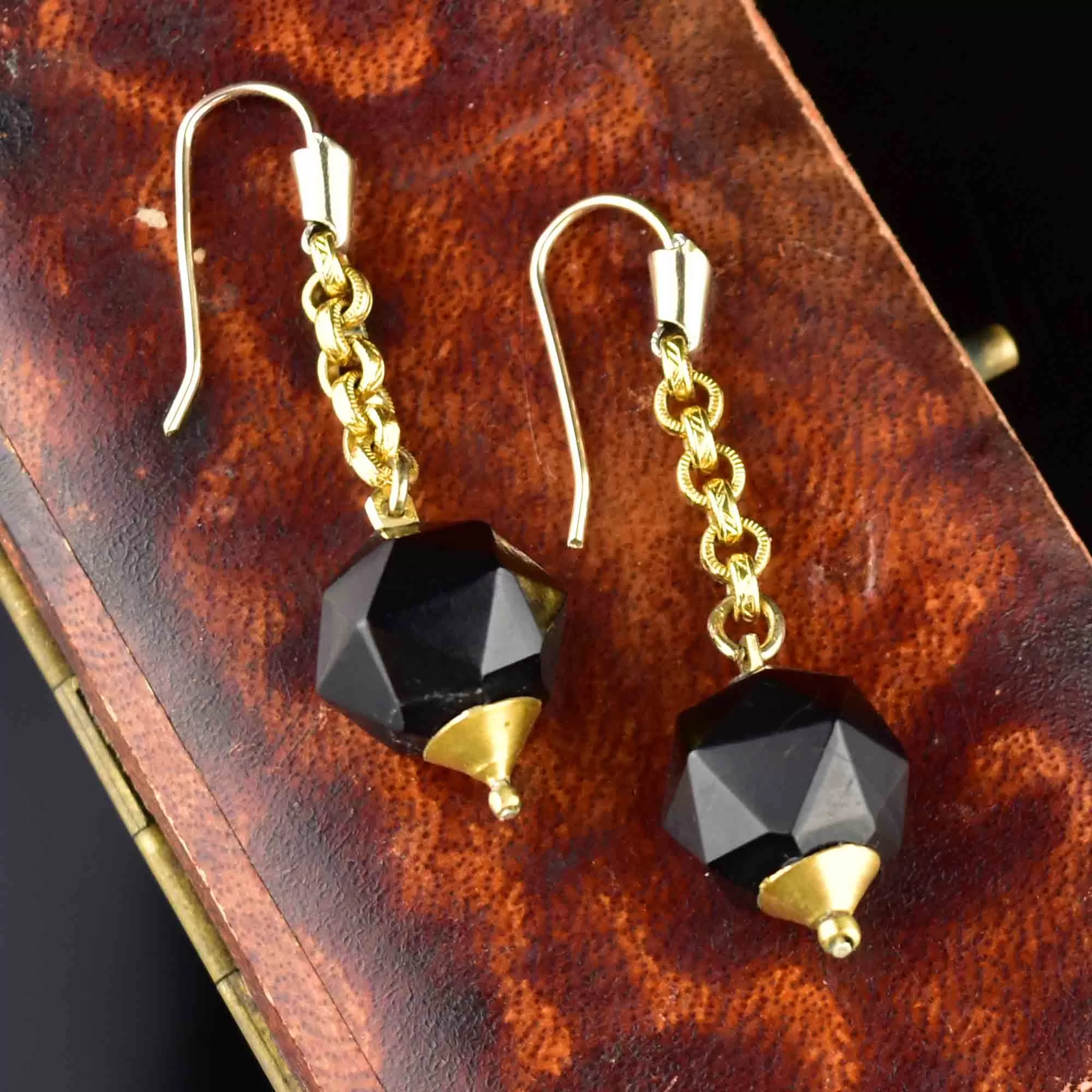 Vintage Carved Whitby Jet Dangle Earrings