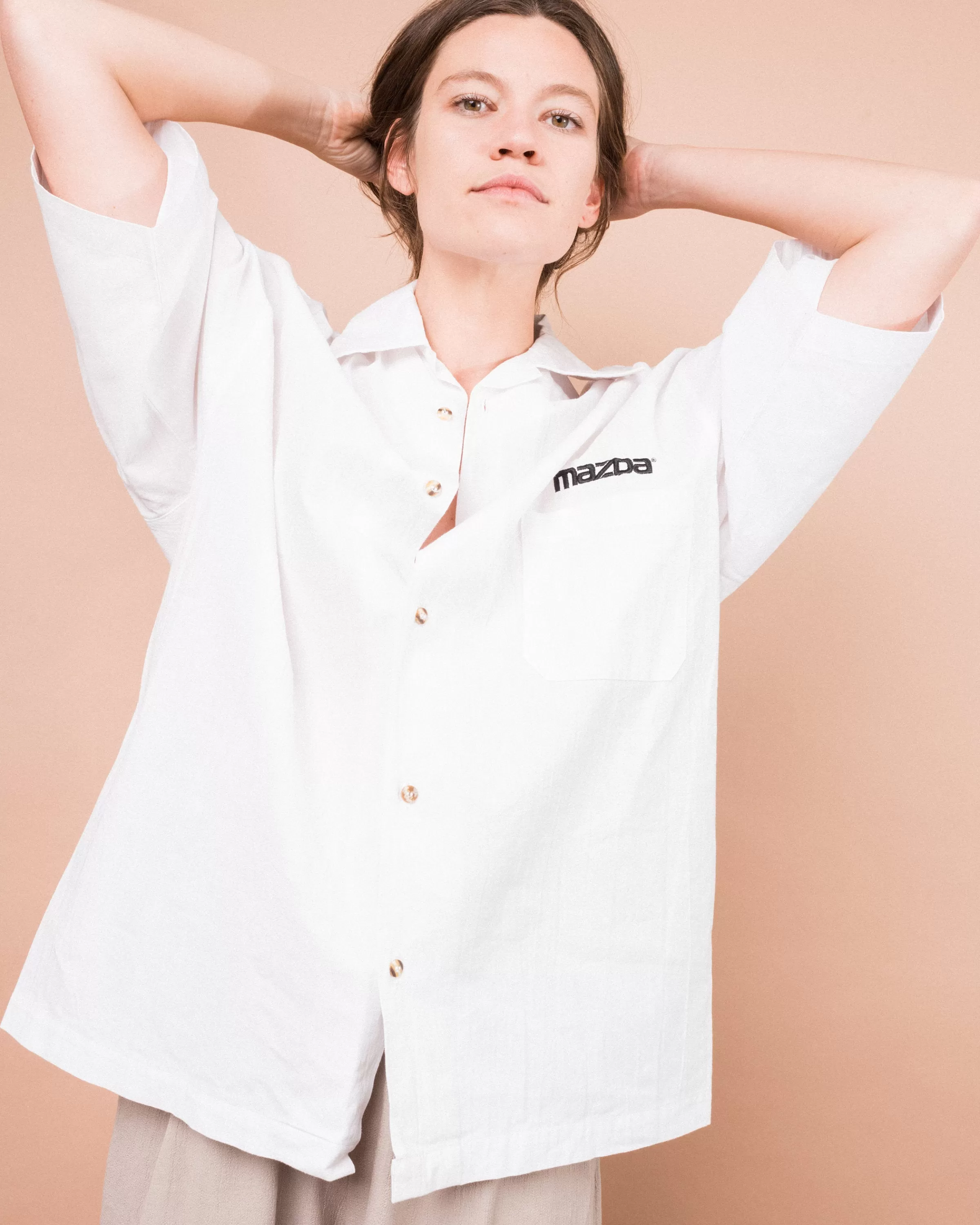 Vintage Oversized White MAZDA Button Up (S/M)